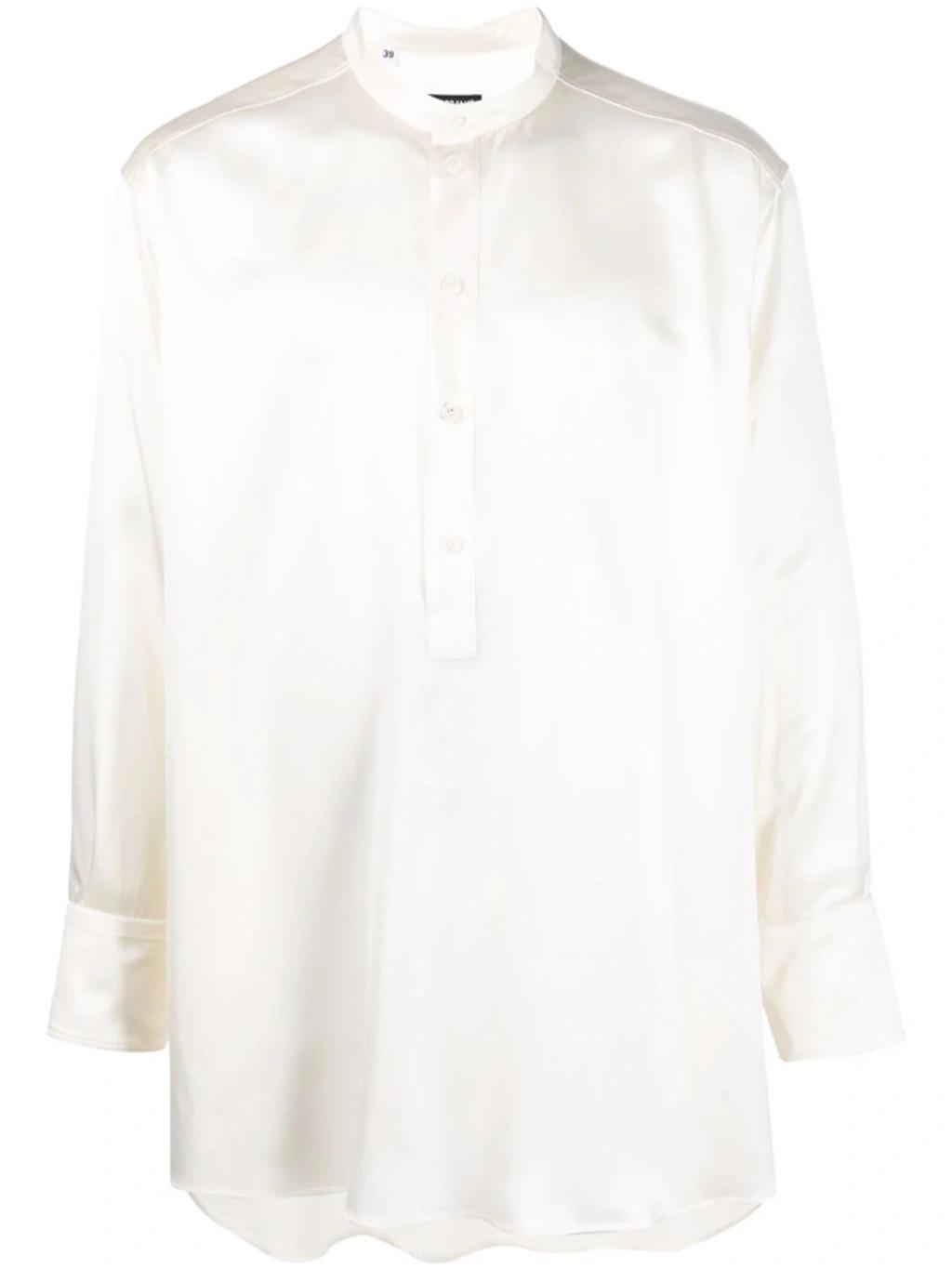 Long-sleeve Silk Longline Shirt In Bianco Product Image