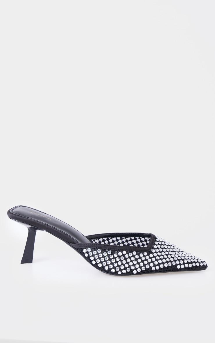 Black Diamante Mesh Point Toe Mid Stiletto Heeled Mules Product Image