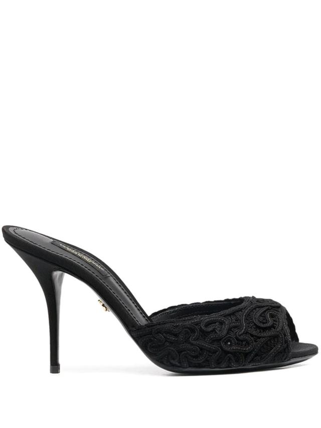 DOLCE & GABBANA Peep-toe Lace And Leather Mules In Nero Product Image