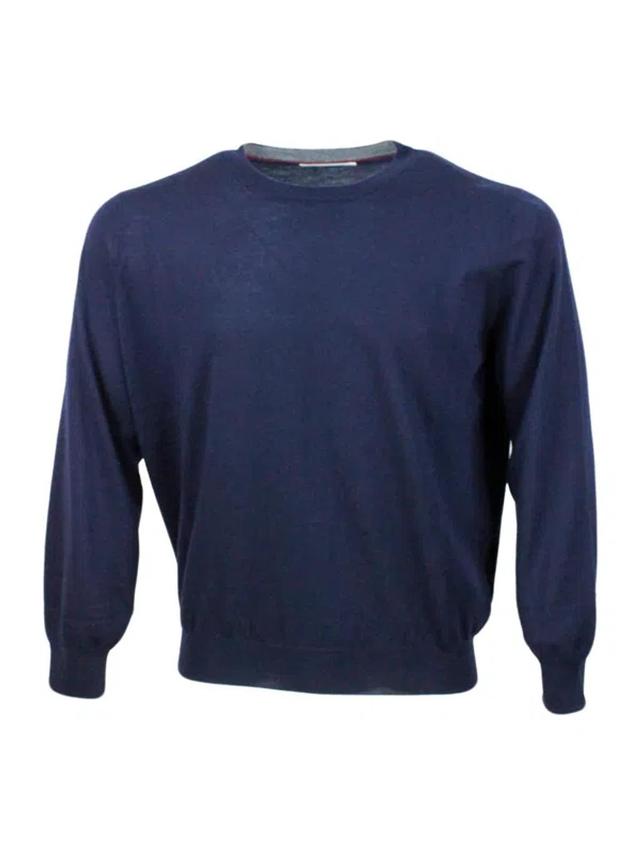 Lightweight Crew Neck Long Sleeve Sweater In Wool And Cashmere In Blue Product Image