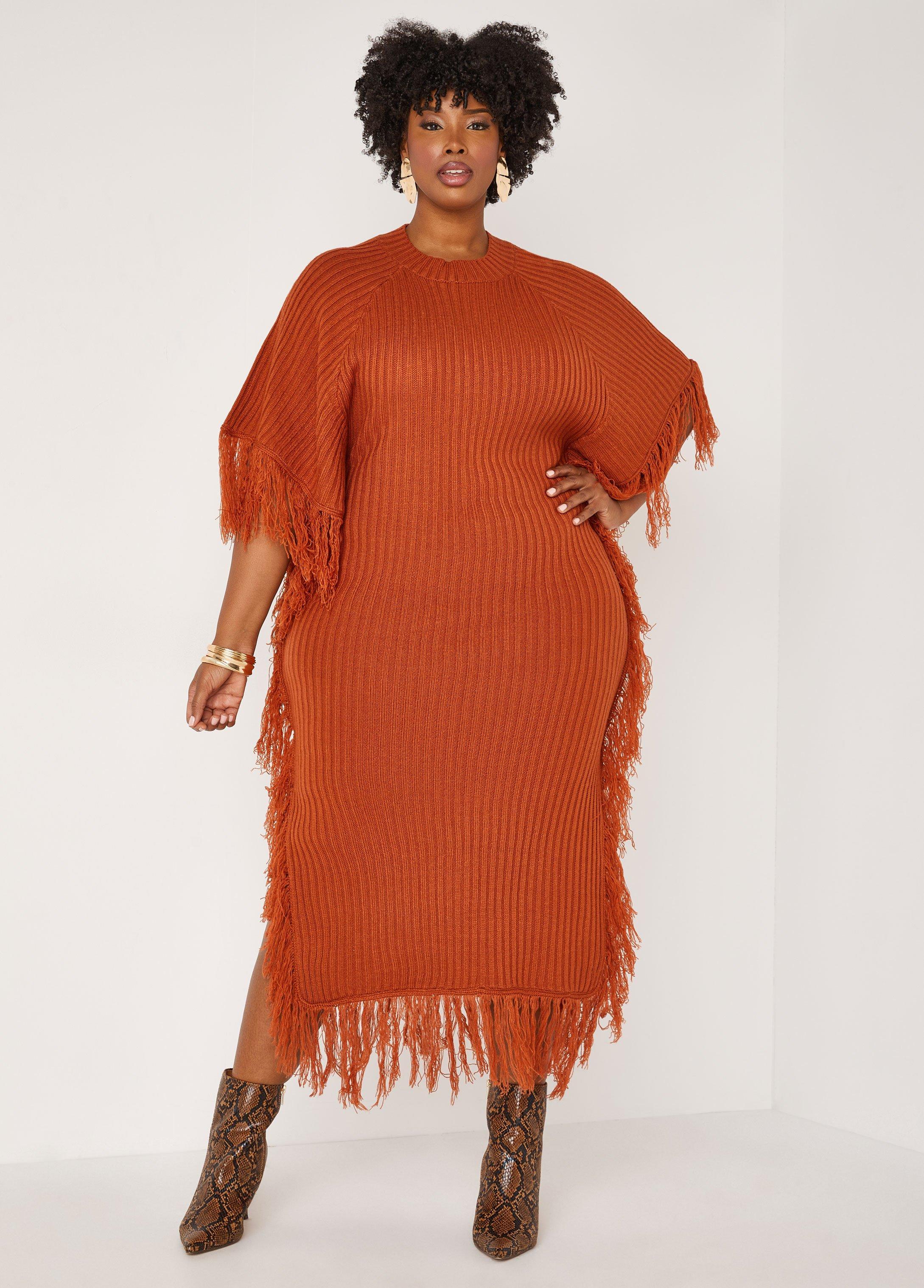 Plus Size Fringed Midaxi Sweater Dress Ashley Stewart Product Image