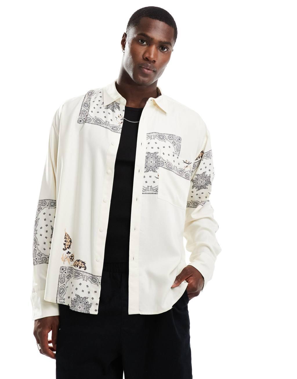 ONLY & SONS long sleeve tile print shirt in stone Product Image