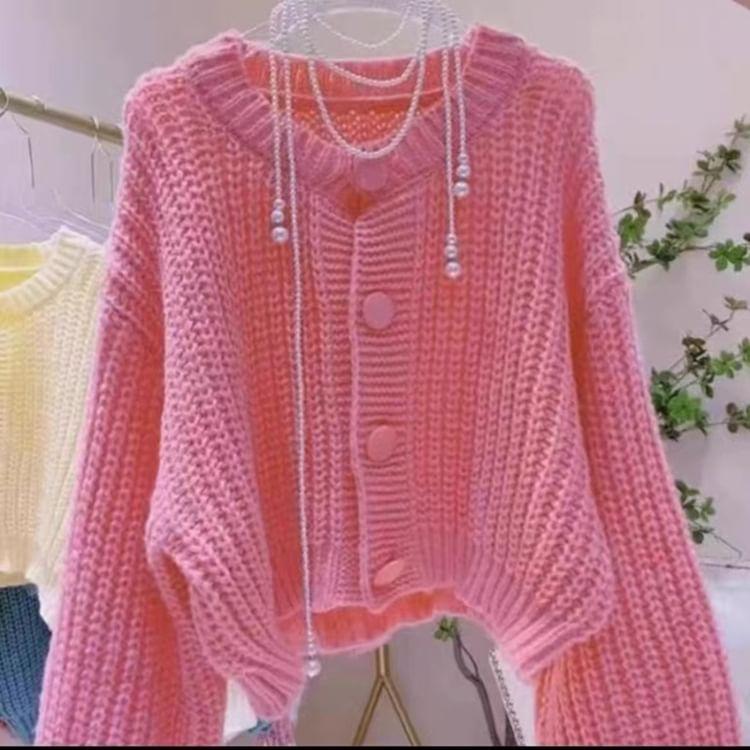 Plain Button-Up Chunky Knit Cardigan Product Image