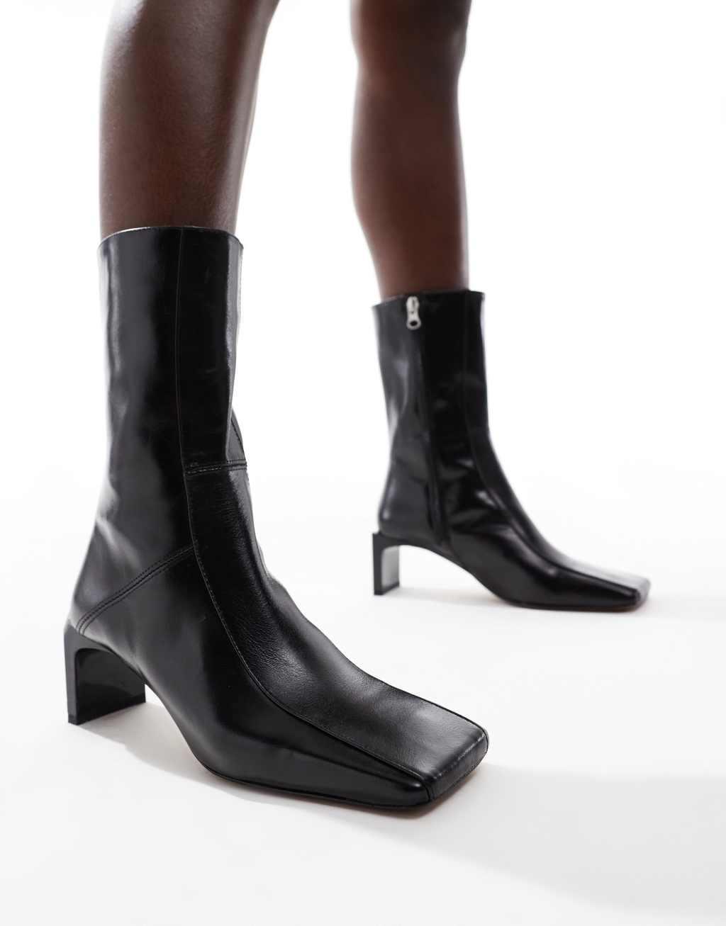 ASOS DESIGN Raine premium square toe mid-heel boots in black leather Product Image