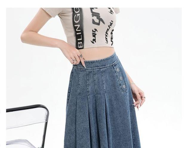 High Waist Washed Pleated Midi A-Line Denim Skirt Product Image