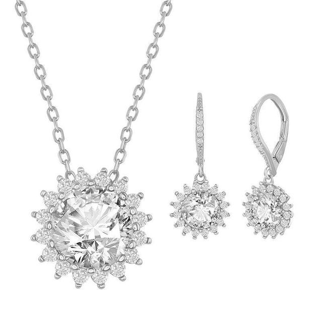 Sterling Silver Cubic Zirconia Sunburst Necklace & Earring Set, Womens, White Product Image