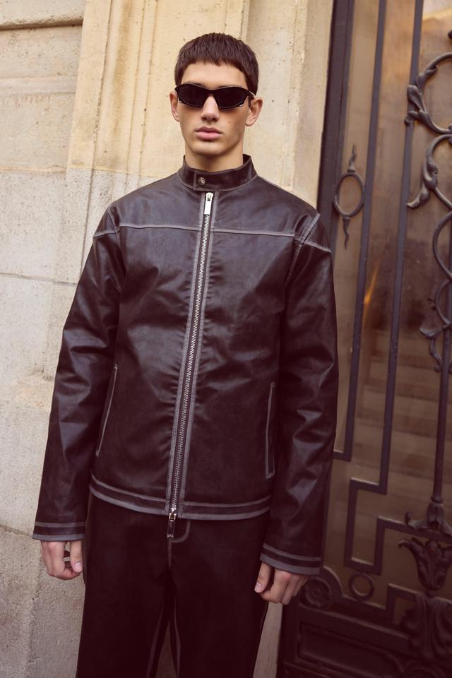 Regular Washed Seam Detail Pu Biker | boohooMAN USA Product Image