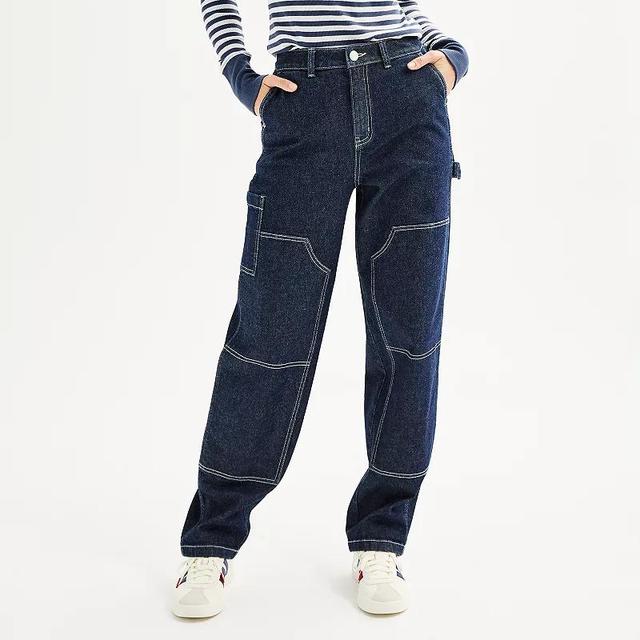 Juniors SO High-Rise Barrel Leg Carpenter Jeans, Womens Rinse Blue Product Image