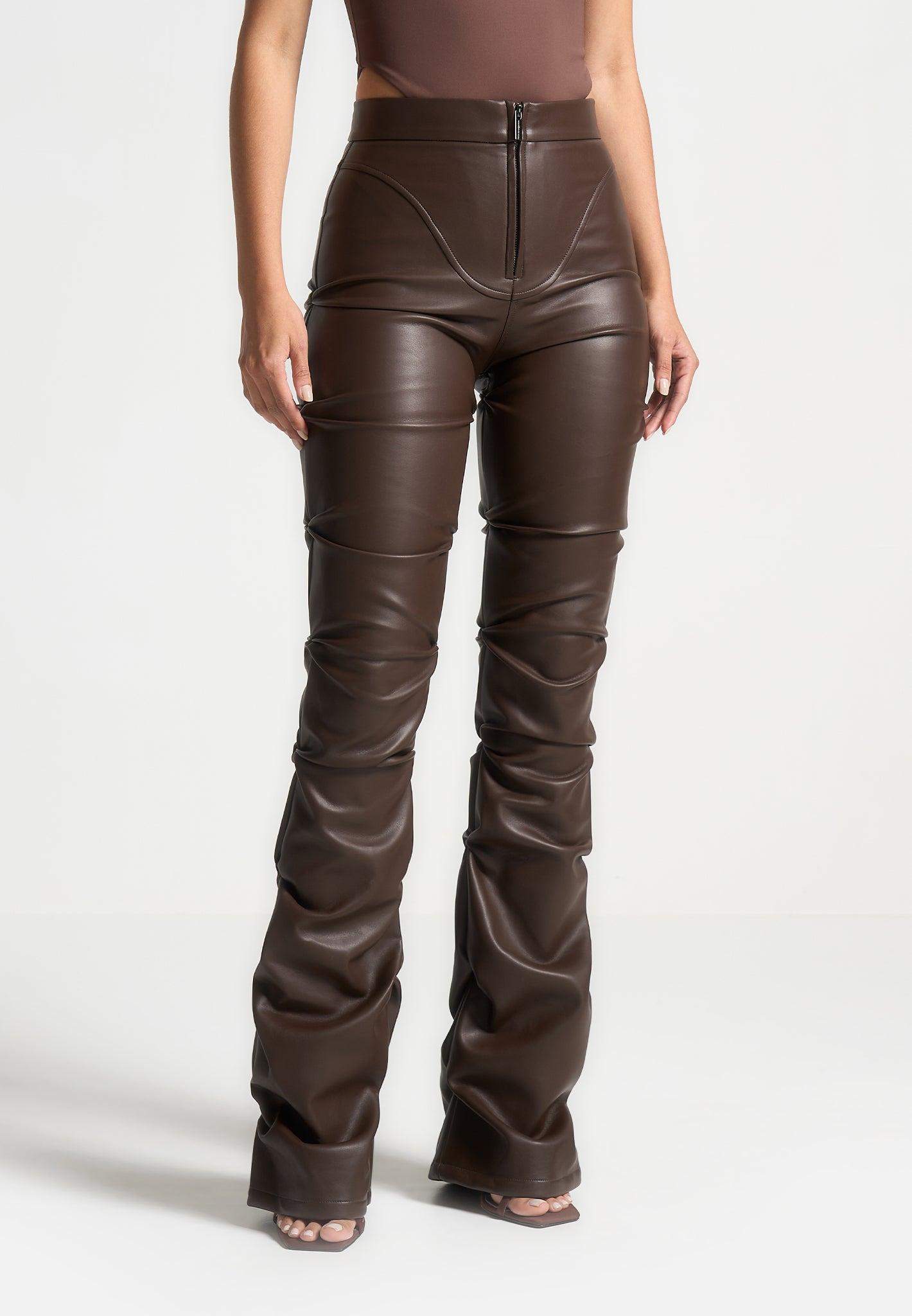 Tacked Vegan Leather Flared Trousers - Brown Female product image