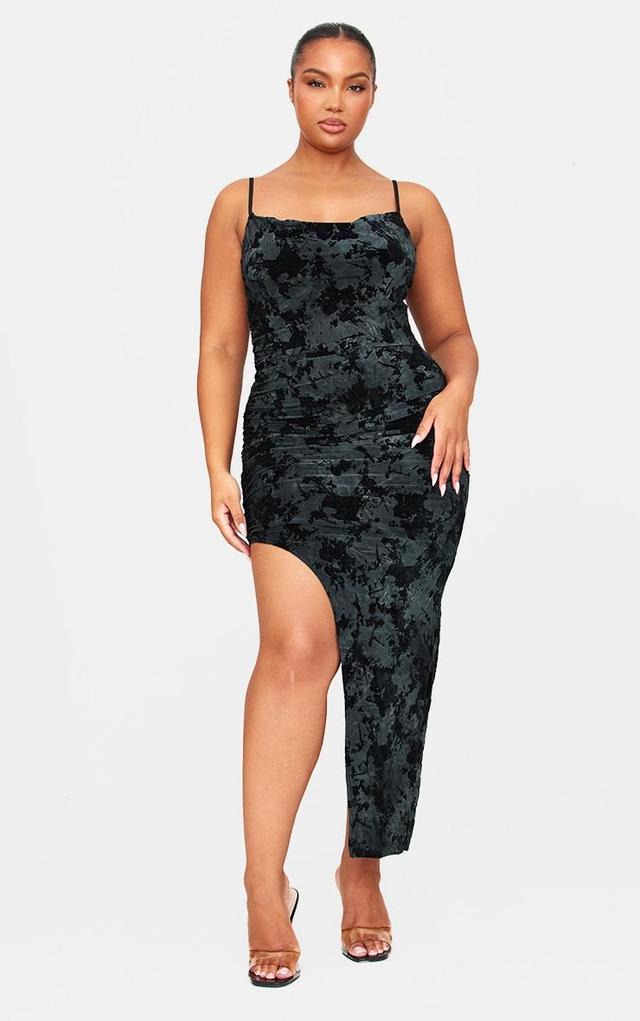 Plus Black Strappy Ruched Devore Midi Dress Product Image