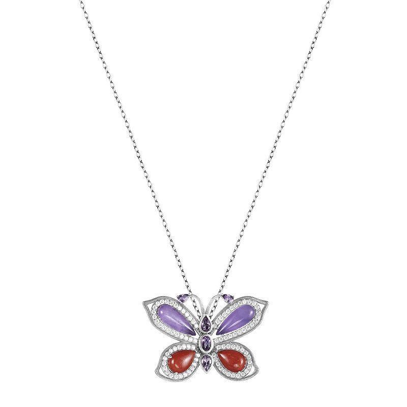 Dynasty Jade Rhodium-Plated Sterling Silver Dyed Purple & Red Jade Butterfly Pendant Necklace, Womens Product Image