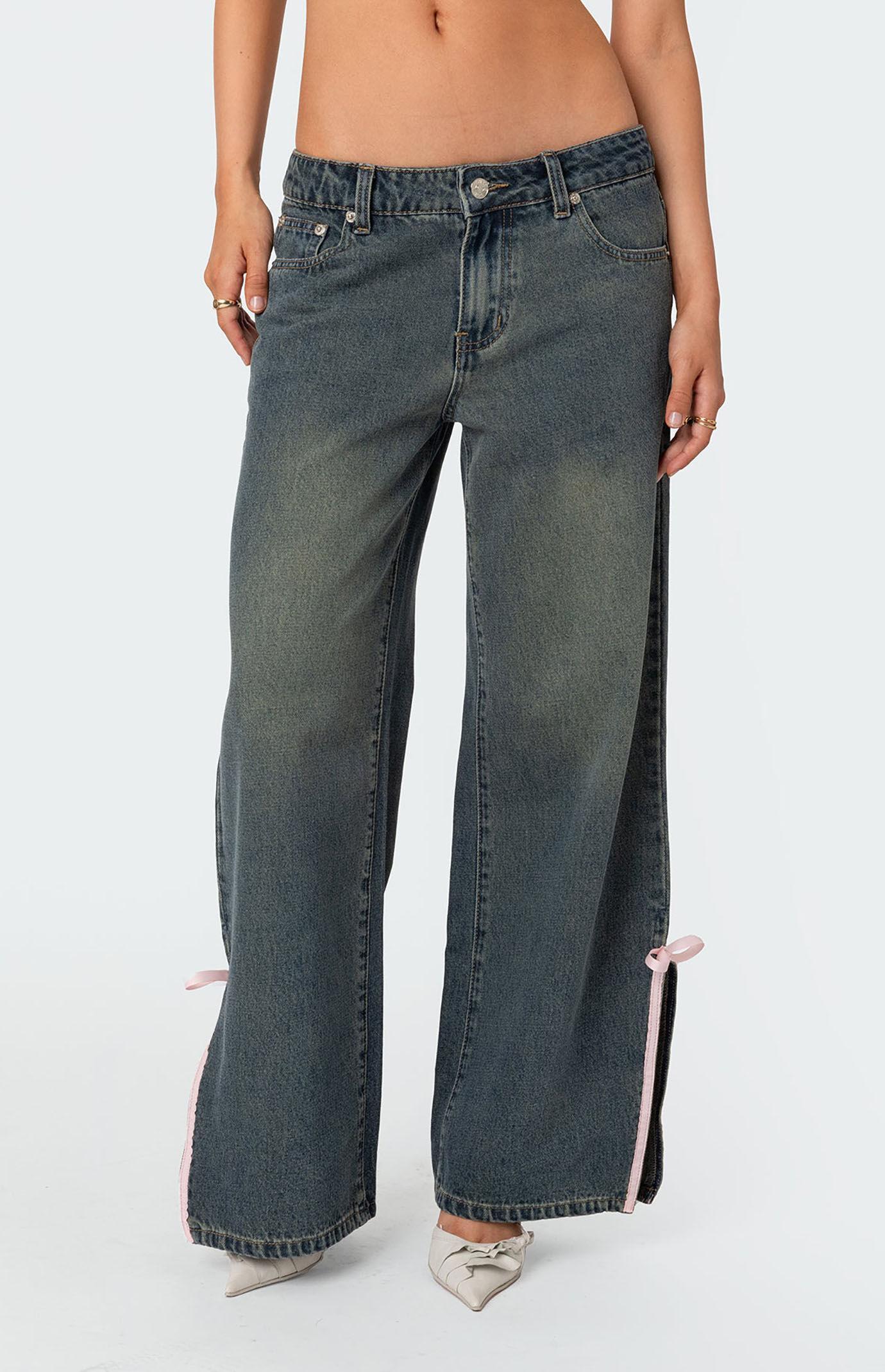 Edikted Women's Bow Slitted Vintage Washed Jeans Product Image