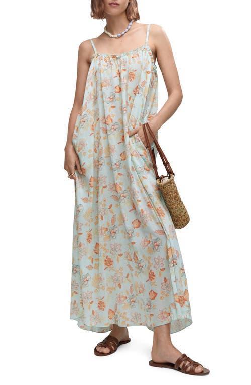 MANGO - Floral print long dress aqua green - 4 - Women Product Image