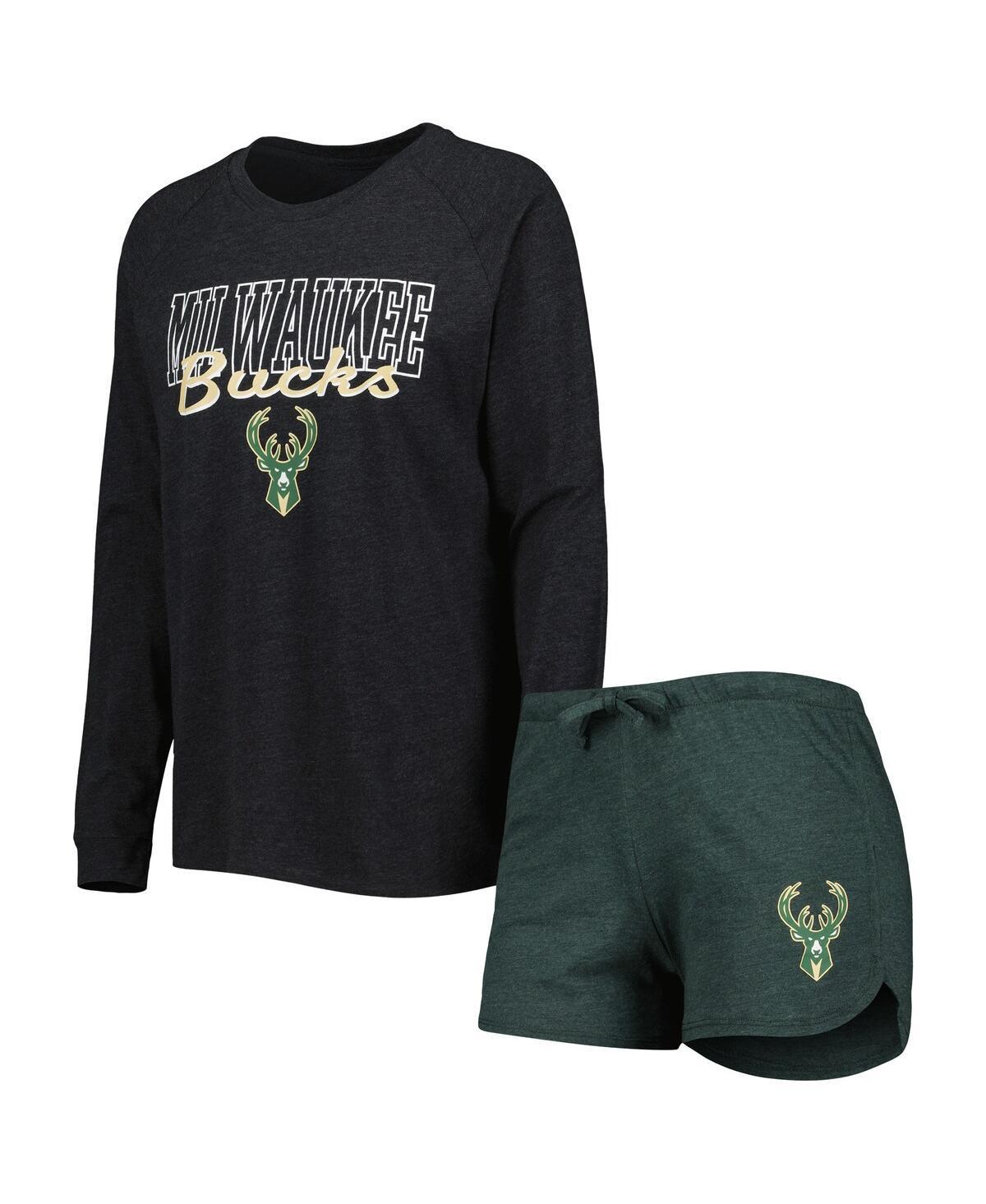 Womens Concepts Sport Heather Black/Heather Hunter Green Milwaukee Bucks Team Raglan Long Sleeve T-Shirt & Shorts Sleep Set Product Image