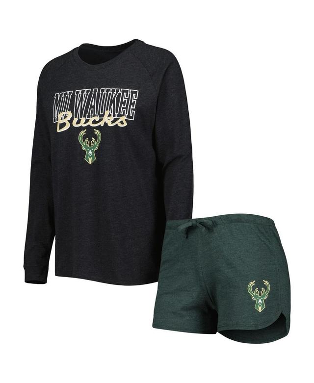 Womens Concepts Sport Heather Black Milwaukee Bucks Team Raglan Long Sleeve T-shirt and Shorts Sleep Set - Heather Black, Heath Product Image