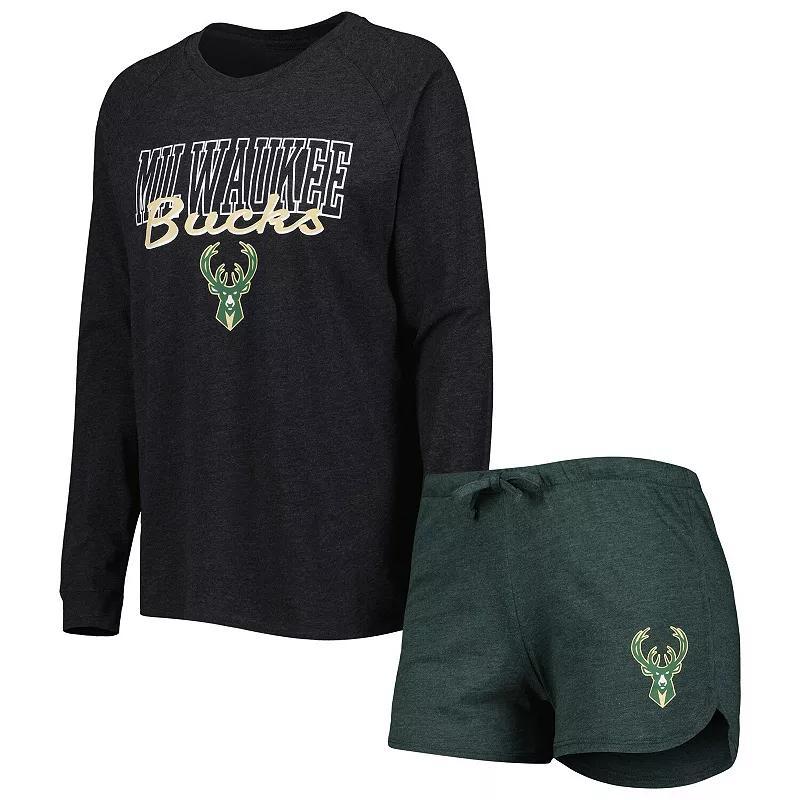 Womens Concepts Sport Heather Black/Heather Hunter Green Milwaukee Bucks Team Raglan Long Sleeve T-Shirt & Shorts Sleep Set Product Image