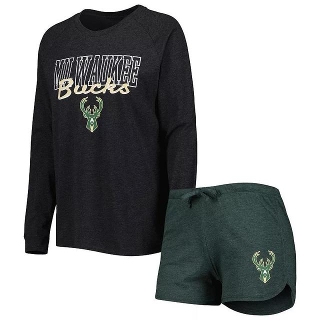 Womens Concepts Sport Heather Black Milwaukee Bucks Team Raglan Long Sleeve T-shirt and Shorts Sleep Set - Heather Black, Heath Product Image