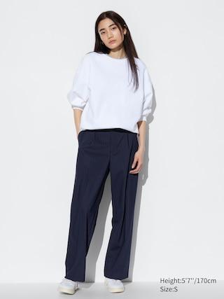 Womens Wide-Fit Pleated Pants (Pinstripe) Navy Large UNIQLO US product image