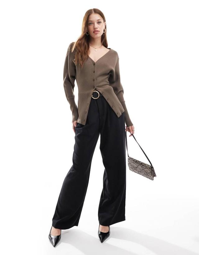 & Other Stories compact knit cardigan with v neck and volume sleeves in dark beige Product Image