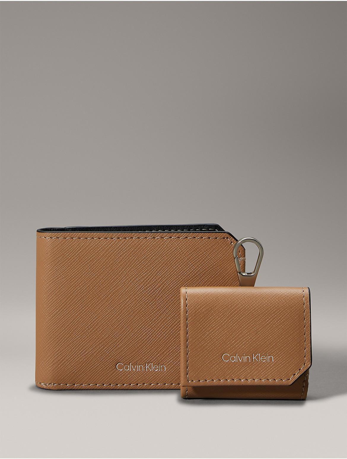 Calvin Klein Mens Refined Saffiano Leather Bifold Wallet + Airpods Case Gift Set - Brown Product Image