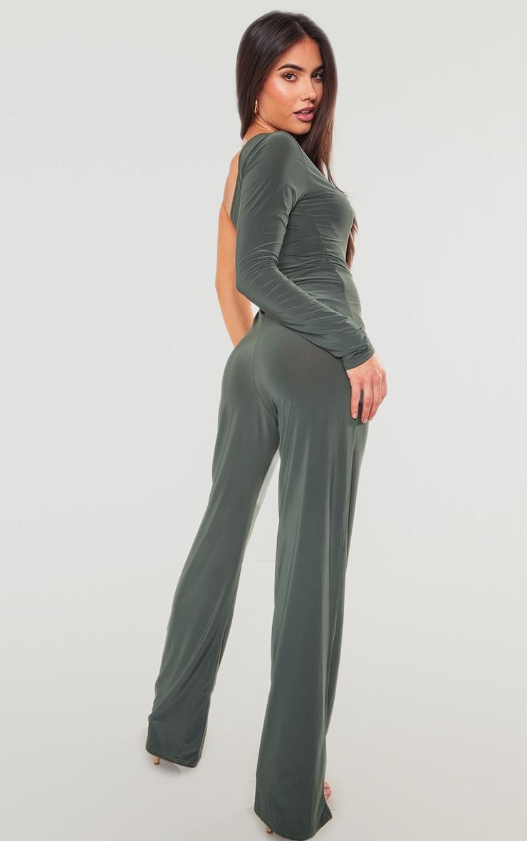 Khaki Slinky One Shoulder Flared Jumpsuit Product Image