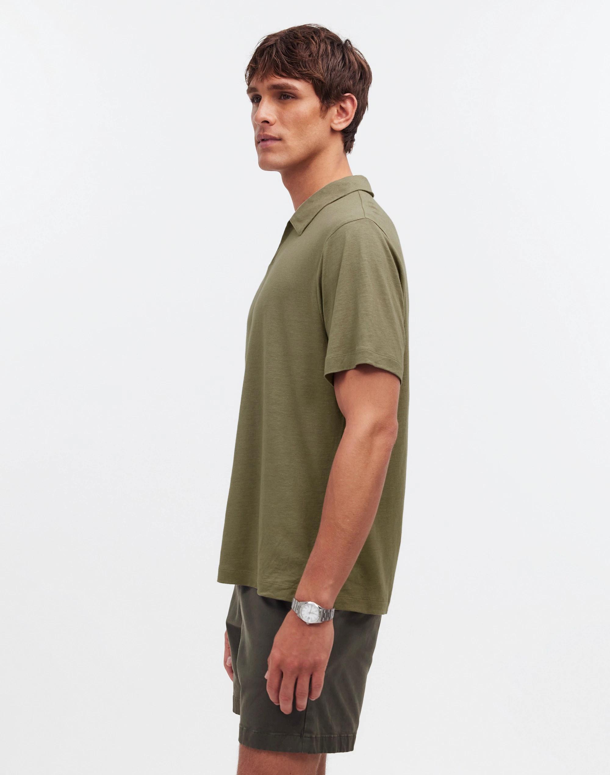 Linen-Blend Johnny-Collar Knit Polo Shirt Product Image