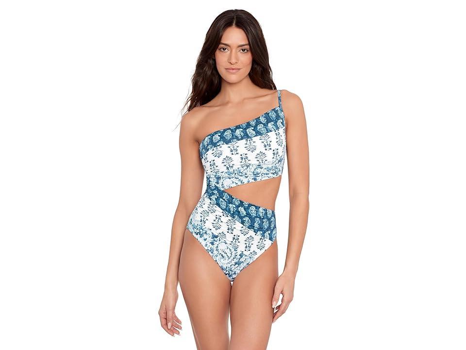 LAUREN Ralph Lauren Indigo Print Mix One Shoulder One Piece (Multicolor) Women's Swimsuits One Piece Product Image