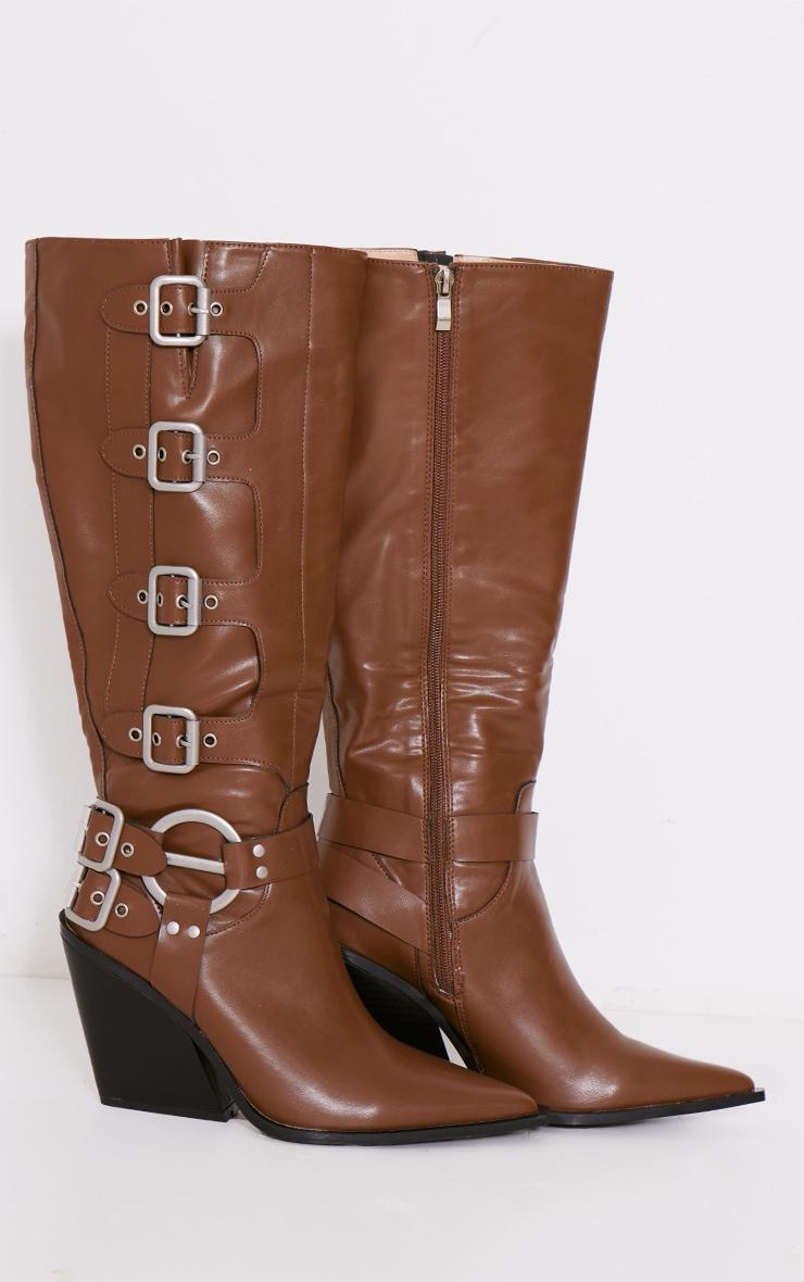 Brown Pu Point Toe Buckle Knee High Heeled Western Boots Product Image