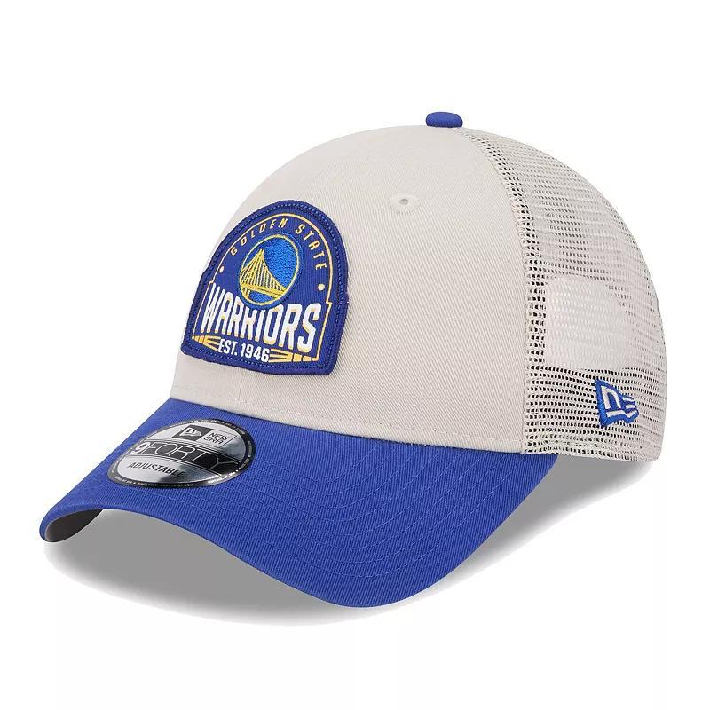 Mens New Era Khaki/Royal Golden State Warriors Throwback Patch Trucker 9FORTY Adjustable Hat Product Image