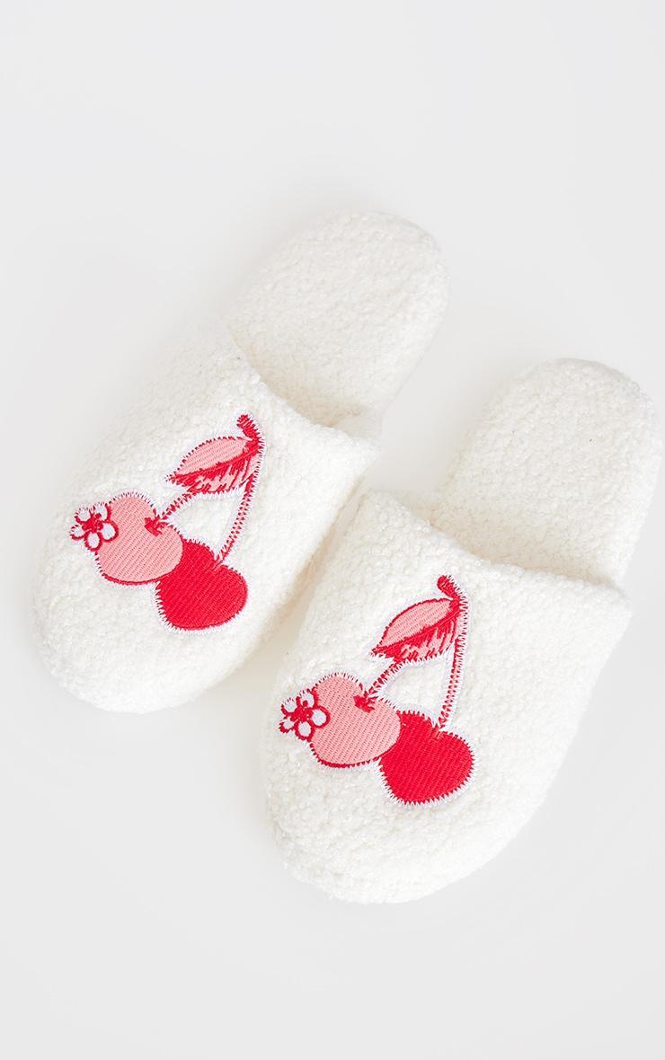 Cream Cherry Applique Borg Slippers Product Image