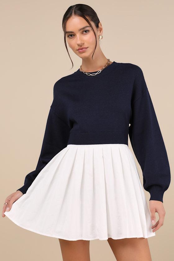 Contemporary Comfort Navy Layered Pleated Sweater Mini Dress Product Image