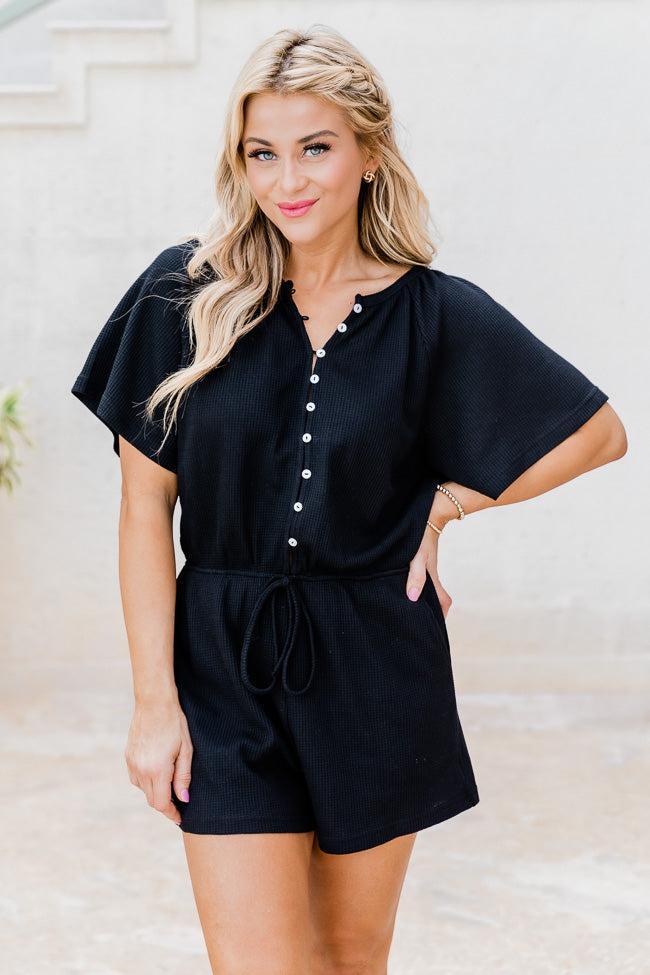 Chase The High Black Waffle Knit Button Up Romper FINAL SALE Product Image