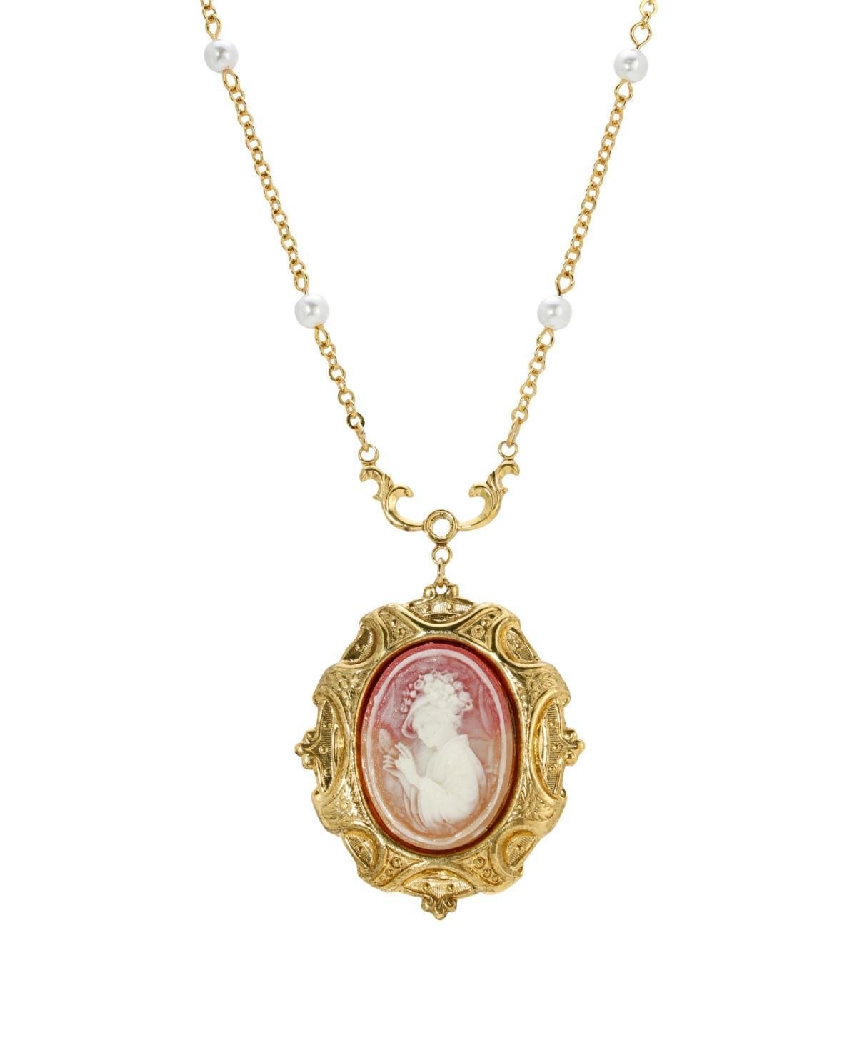 1928 Gold Tone Cameo Simulated Pearl Station Necklace, Womens, Pink Product Image