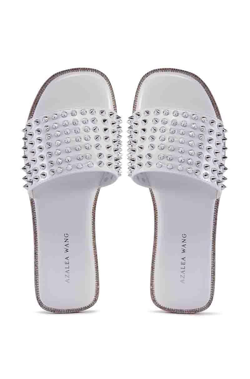 AZALEA WANG EMMONS WHITE SPIKY STUD FLAT SANDAL Product Image