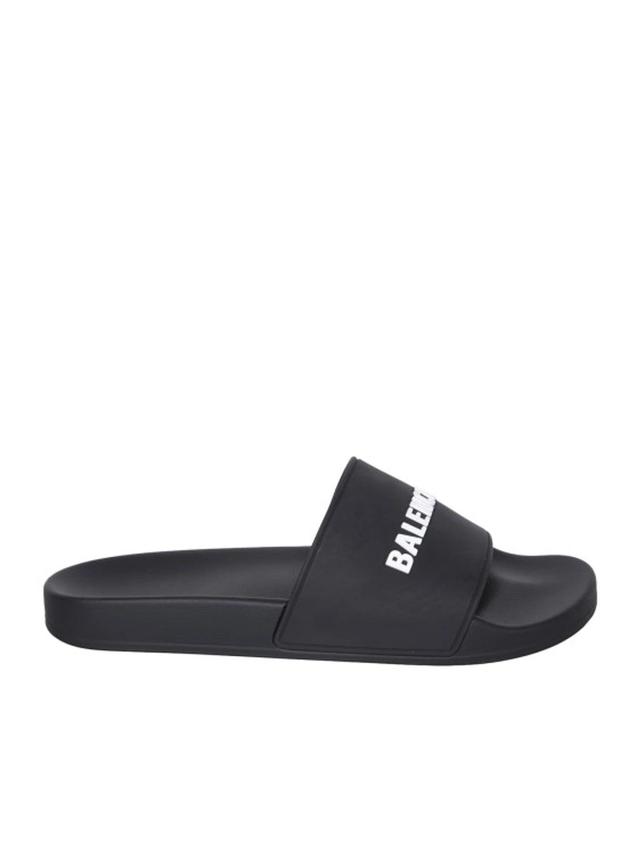 BALENCIAGA Logo-embossed Pool Slides In Black White Product Image