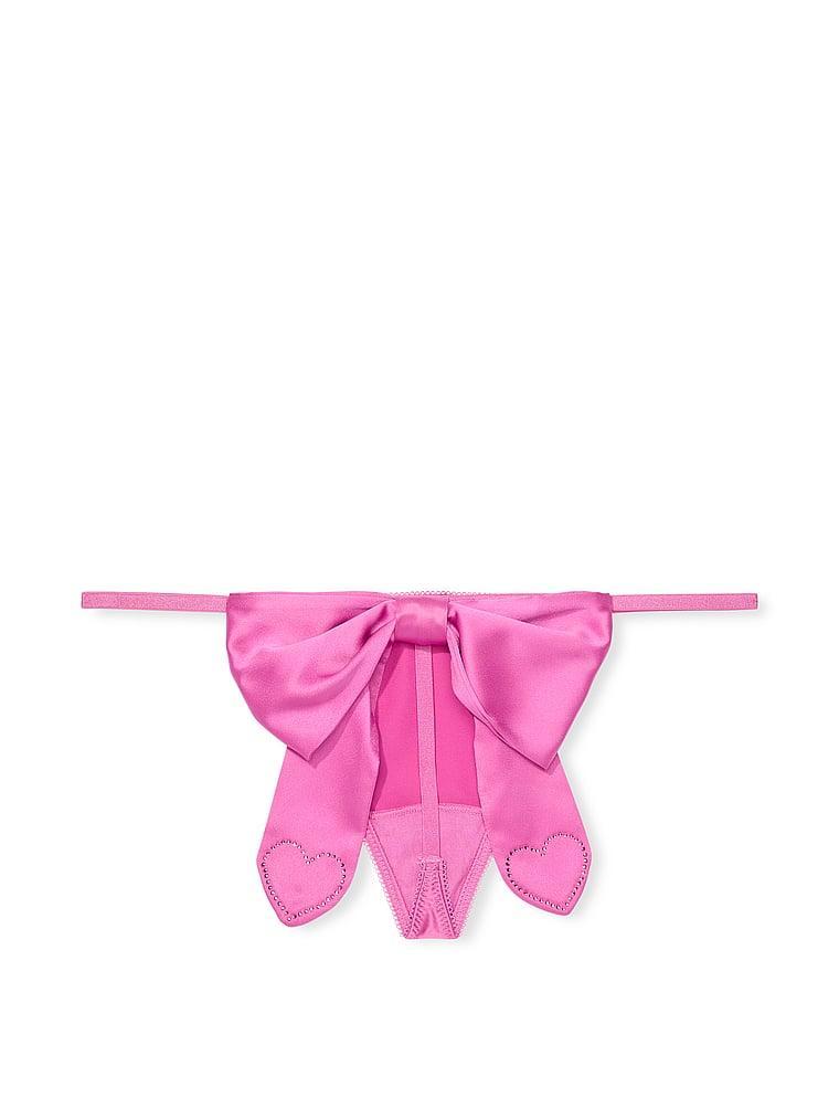 Satin Heart Rhinestone Bow Thong Panty Product Image