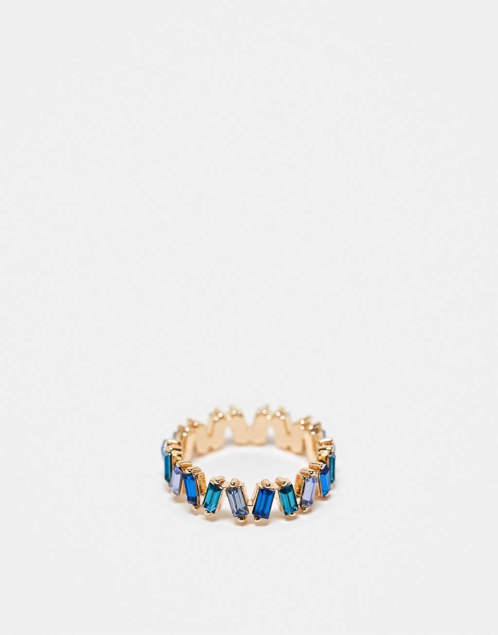 ASOS DESIGN baguette ring with tonal blue stones in gold tone Product Image