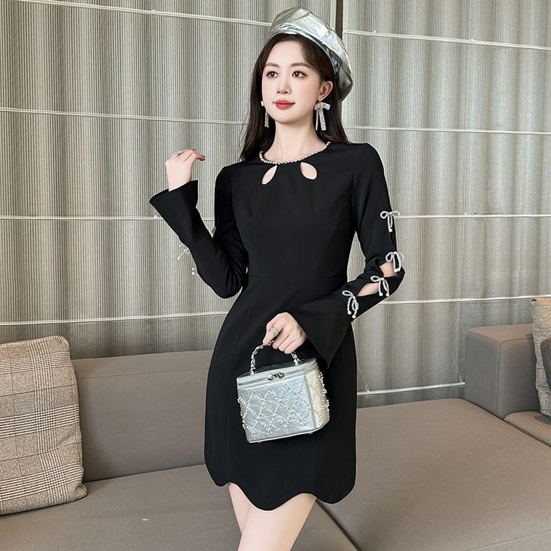 Long-Sleeve Round Neck Cutout Bow Rhinestone Mini A-Line Dress Product Image