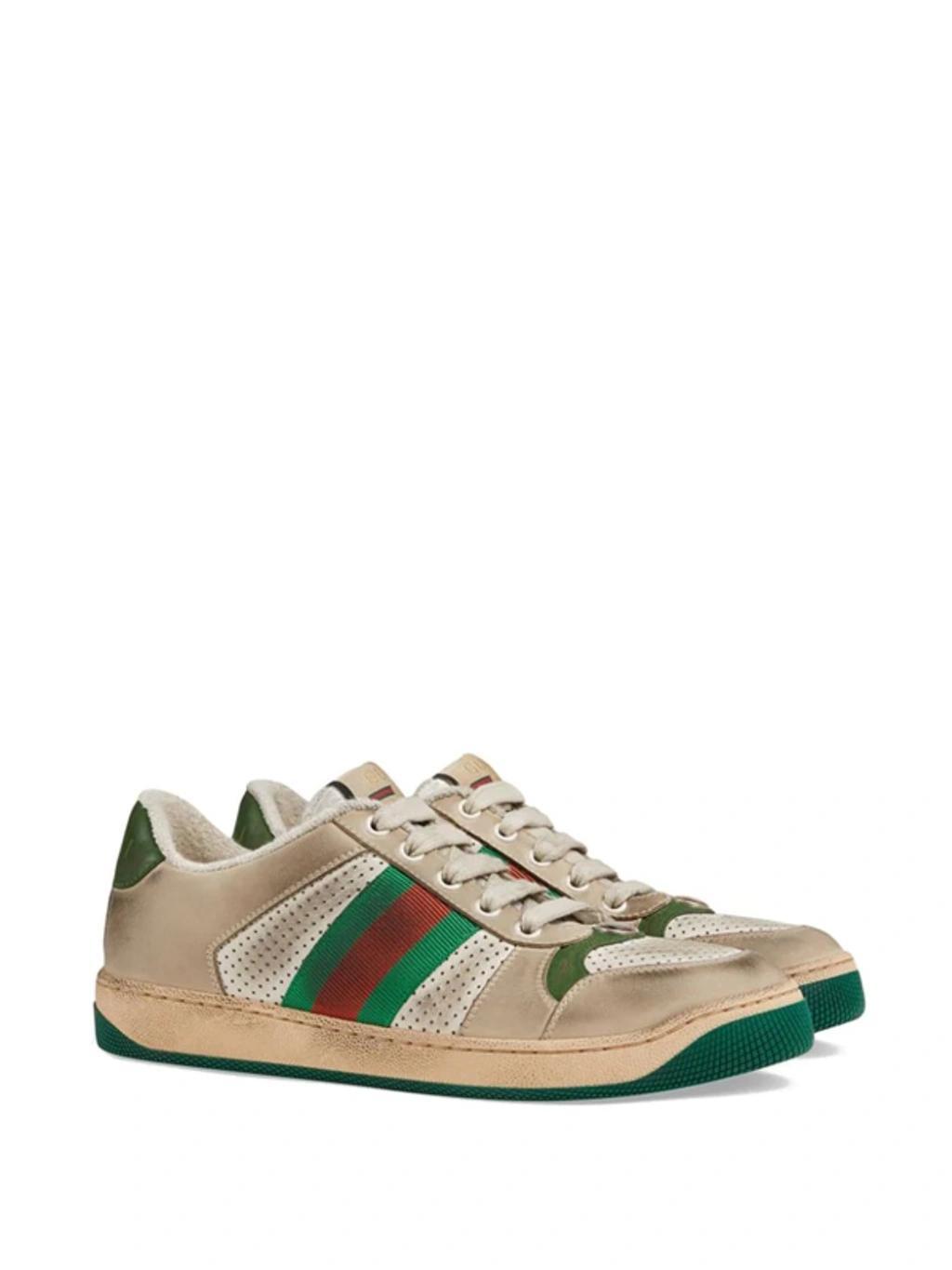 GUCCI Screener Embellished Canvas-trimmed Distressed Leather Sneakers In Light Beige Product Image