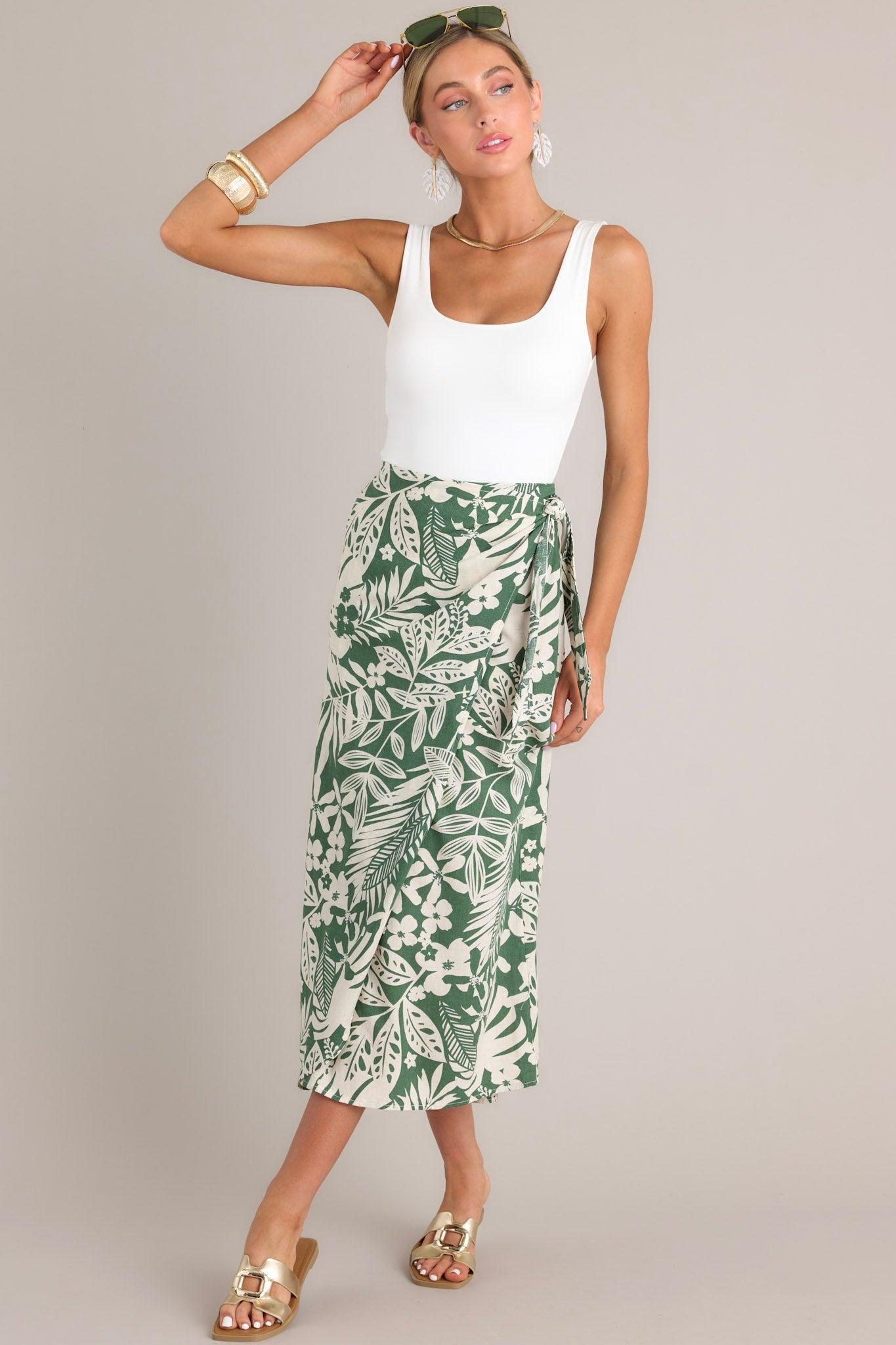 Jungle Canopy Green Tropical Print Midi Wrap Skirt Product Image