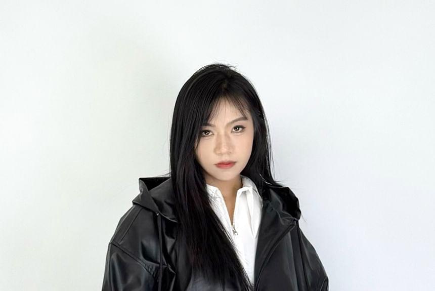 Plain Hood Faux Leather Zip Jacket Product Image