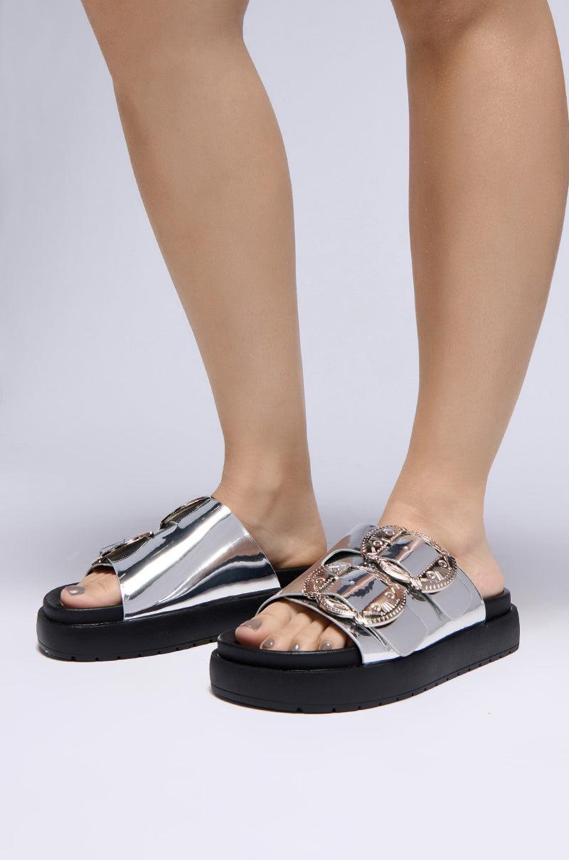 AZALEA WANG CHANTAYE SILVER SANDAL WITH BUCKLE DETAIL Product Image