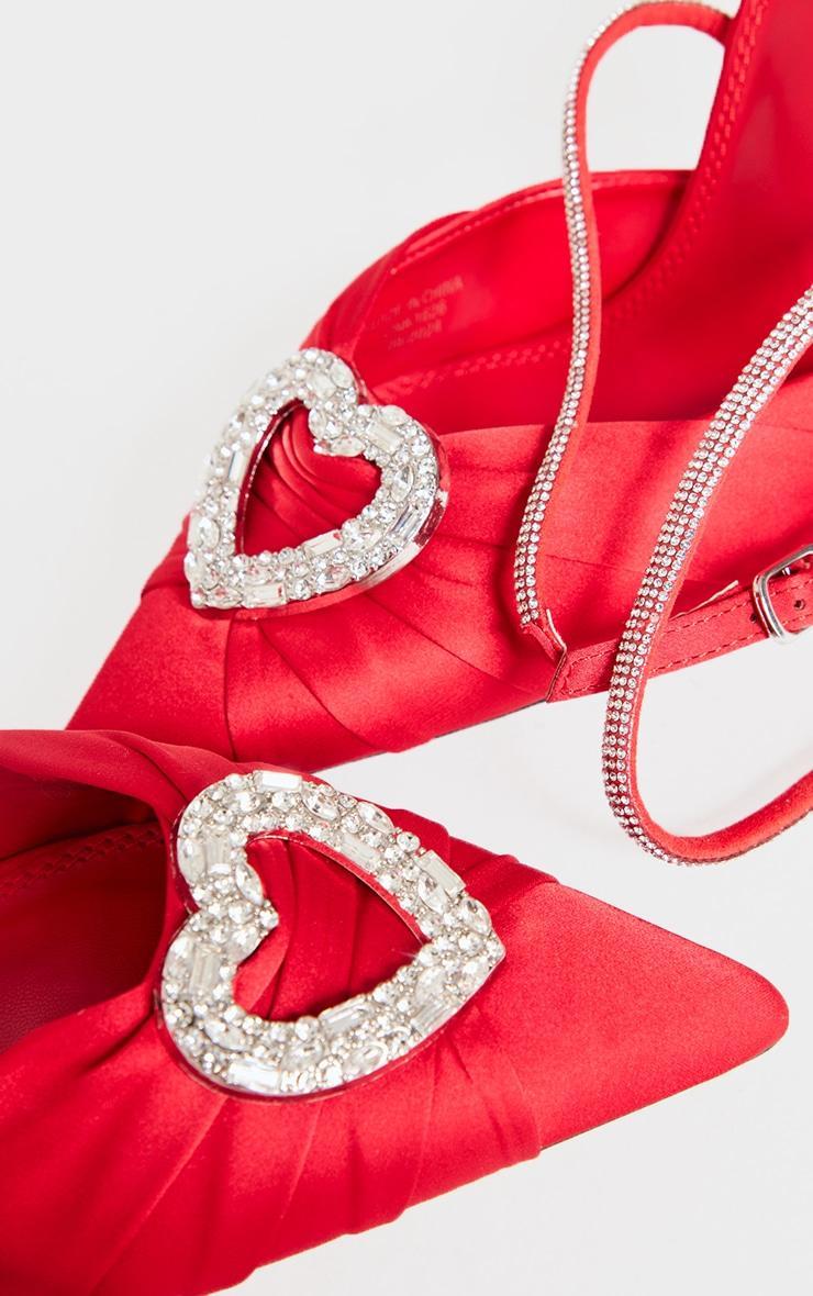 Red Satin Point Toe Diamante Heart Court Heels Product Image