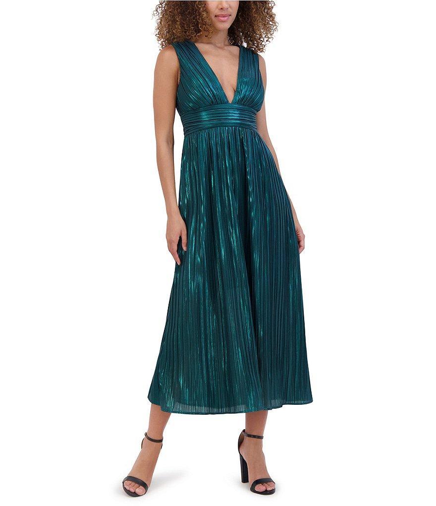 SIENA Deep V-Neck Foiled Plisse Midi Dress Product Image