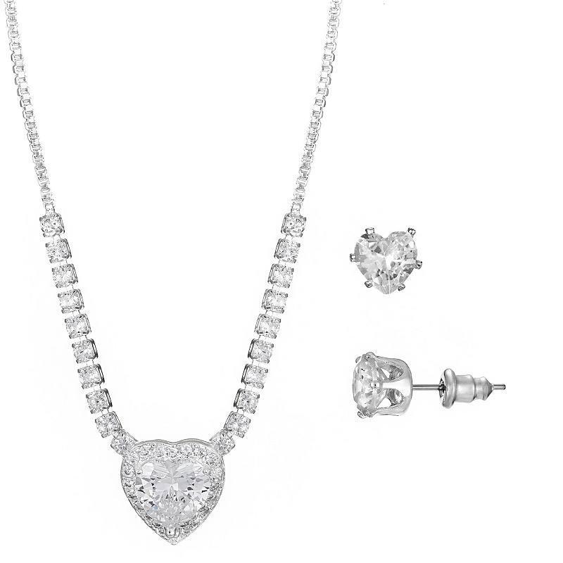 Primavera Silver Plated Cubic Zirconia Heart Statement Pendant & Earring Set, Womens Silver Tone Product Image