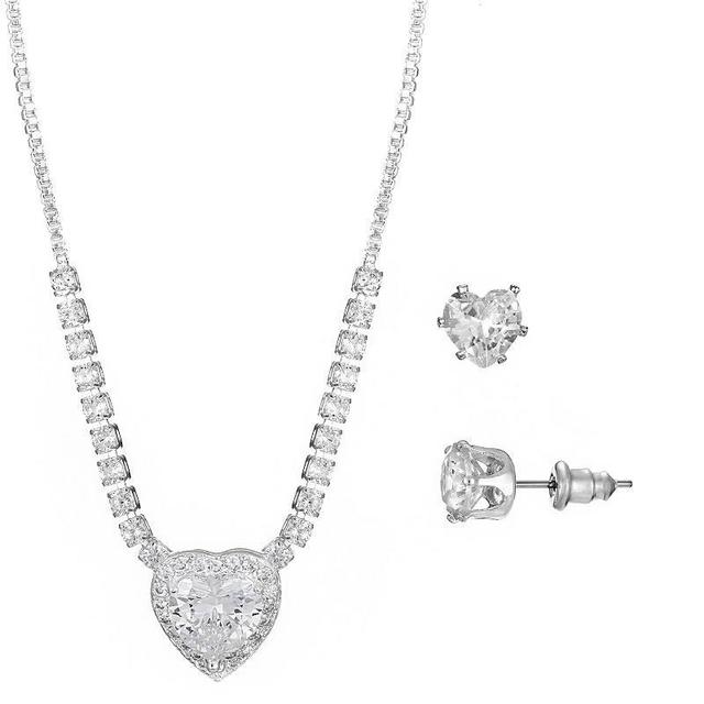 Primavera Silver Plated Cubic Zirconia Heart Statement Pendant & Earring Set, Womens Silver Tone Product Image