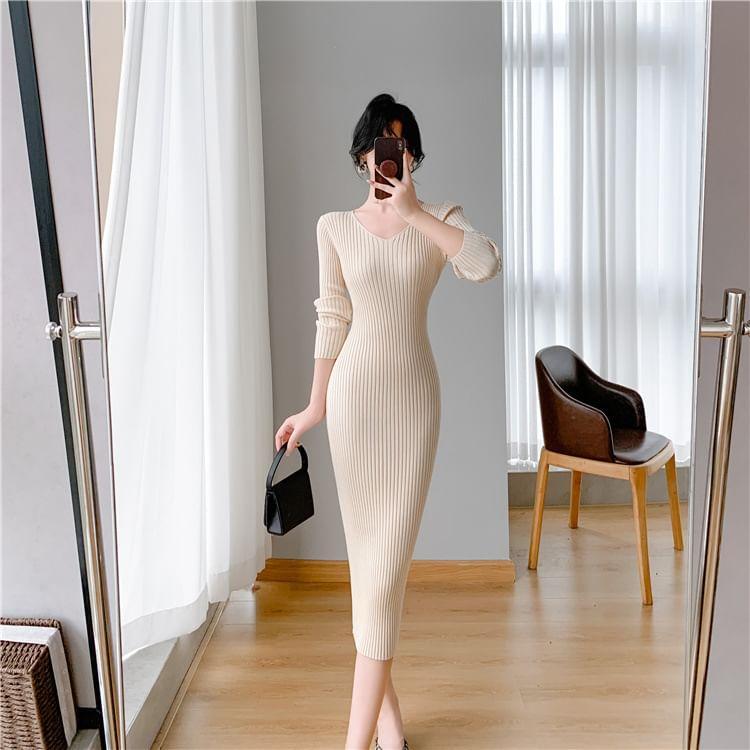 Long-Sleeve V-Neck Plain Ribbed Midi Sheath Knit Dress Product Image