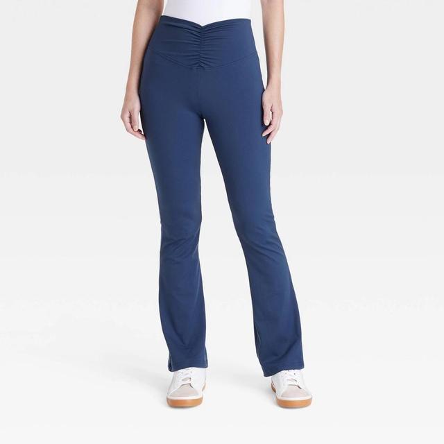 Womens High Waisted Flare Leggings with Ruched Waistband - A New Day Navy L Product Image