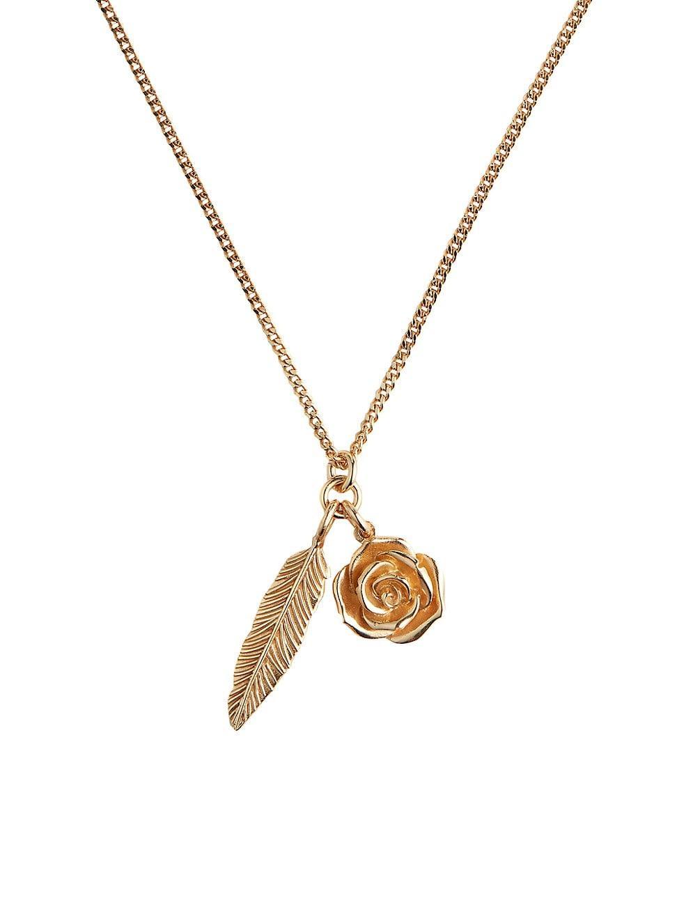 Mens Unisex Gold-Plated Sterling Silver Rose + Feather Pendant Necklace Product Image