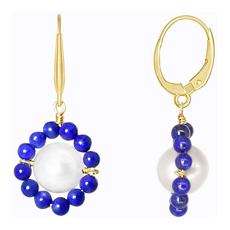 Jewelmak 14k Gold Freshwater Cultured Pearl & Lapis Lazuli Flower Leverback Earrings, Womens Product Image